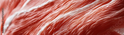 Close-up of vibrant pink and white muscle fibers, showcasing intricate texture and detail in organic form.