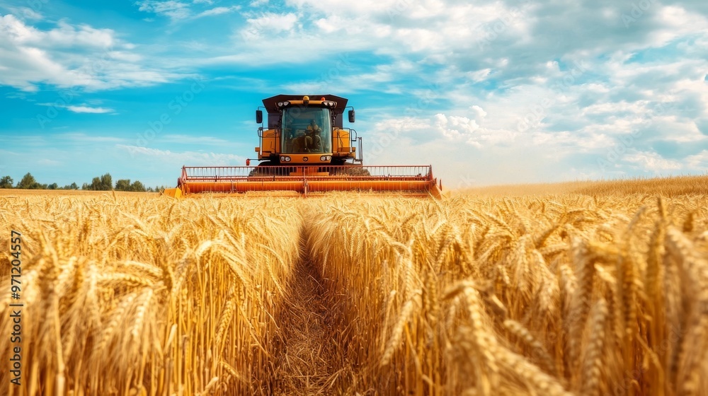 Fototapeta premium Wheat harvest with combine under blue sky.