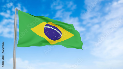 Brazil flag in the blue sky.Brazil 3d flag floating in the wind with a blue sky in the background