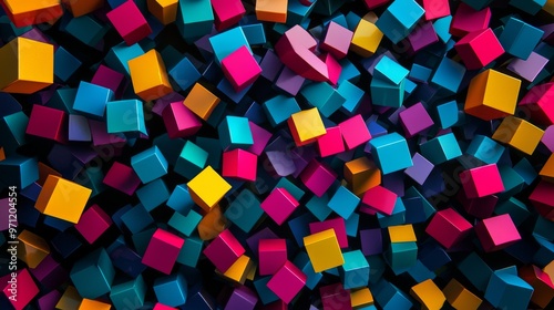 Randomly scattered geometric cubes and prisms in bright hues against a dark background