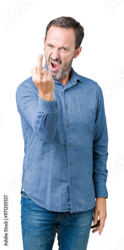 Handsome middle age elegant senior man over isolated background Showing middle finger, impolite and rude fuck off expression