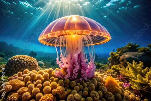 Vibrant staurozoa jellyfish, also known as stalked jellyfish, sits calmly on a coral reef, its translucent umbrella-shaped body glowing in the warm sunlight. photo