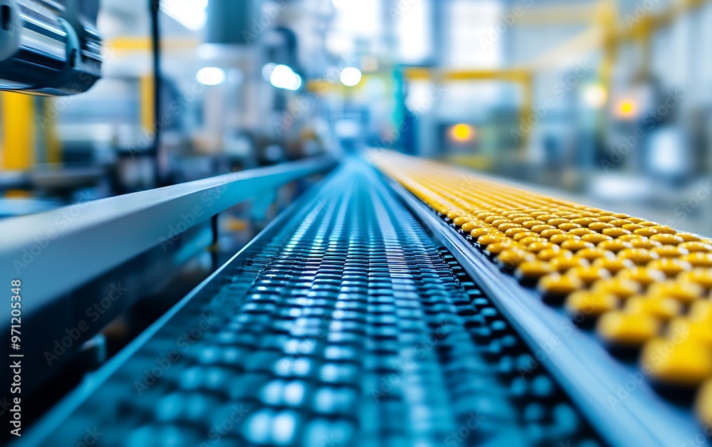 Precision Engineering: Close-Up of Factory Conveyor Belt with Ultra High Quality Finish, Detailed Machinery in Operation Precision Engineering: Close-Up of Factory Conveyor Belt with Ultra High Quality Finish, Detailed Machinery in Operation