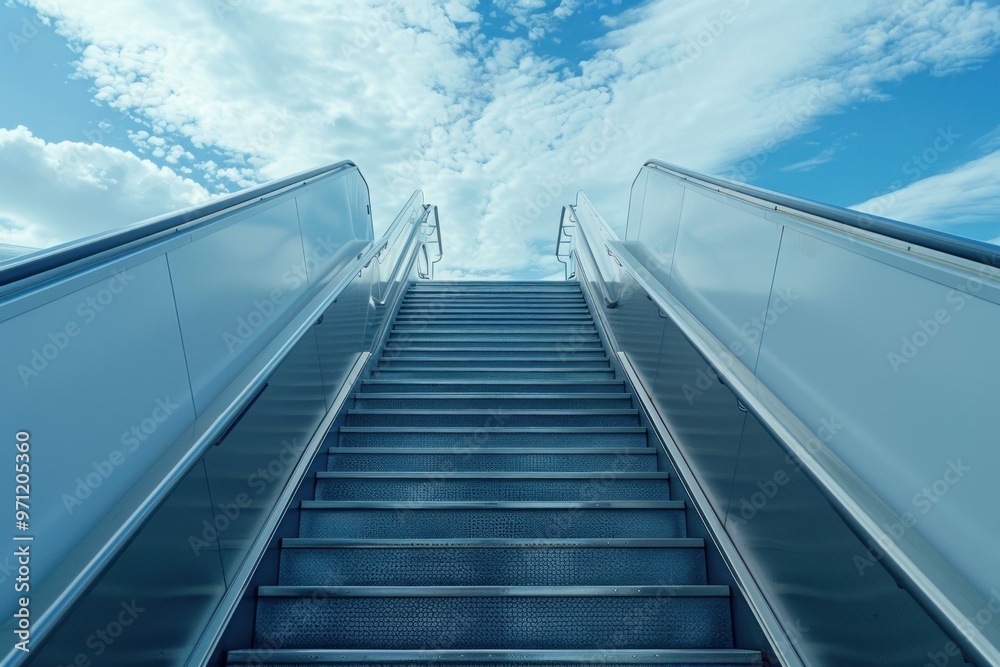 Fototapeta premium Escalator going up into a cloudy blue sky representing achieving goals and success