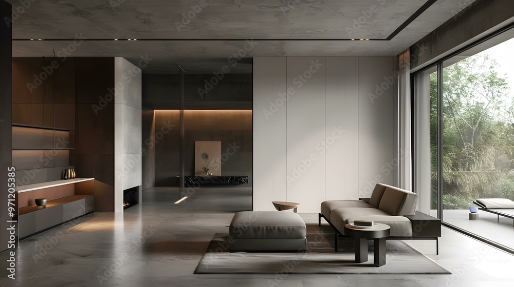 Fototapeta premium Modern Interior Design Living Room with Grey Sofa and Minimalist Decor