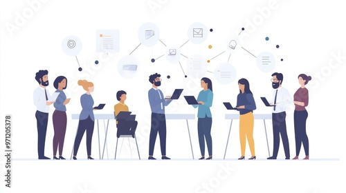 A diverse group of professionals collaborate and brainstorm ideas, connected by a network of digital communication icons, representing teamwork, communication, and innovation.