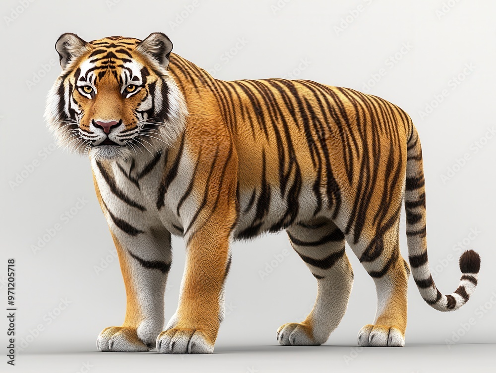 Naklejka premium A majestic tiger stands confidently, showcasing its vibrant orange fur and striking black stripes, a symbol of strength and beauty.