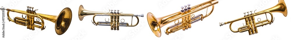A golden brass trumpet in soft light is isolated on a white background A golden brass trumpet in soft light is isolated on a white background