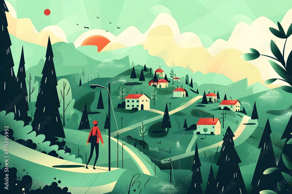 A Man Walks Past the Houses on a Winding Road in a Picturesque Village A Man Walks Past the Houses on a Winding Road in a Picturesque Village