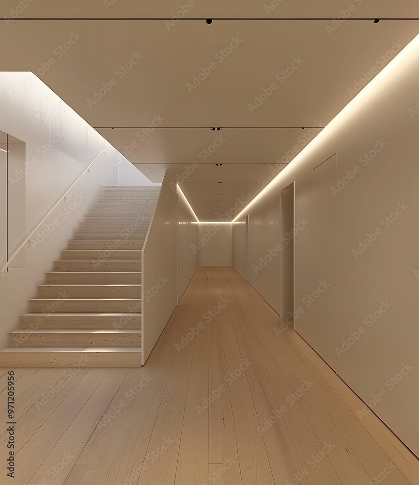 Obraz premium Modern Minimalist Hallway Interior Design with Wooden Stairs and Light Strip