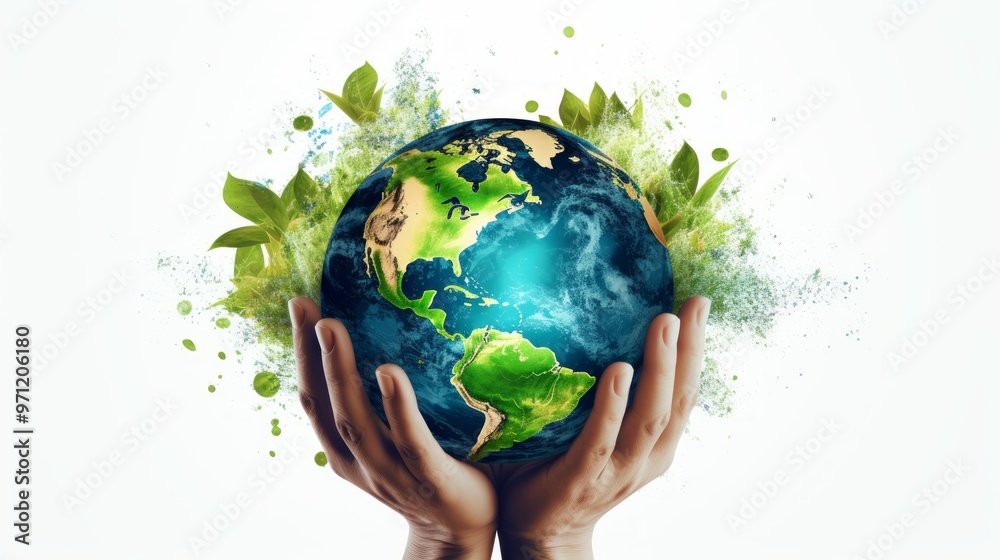 A hand holding the planet Earth, made of green leaves, isolated on a white background A hand holding the planet Earth, made of green leaves, isolated on a white background