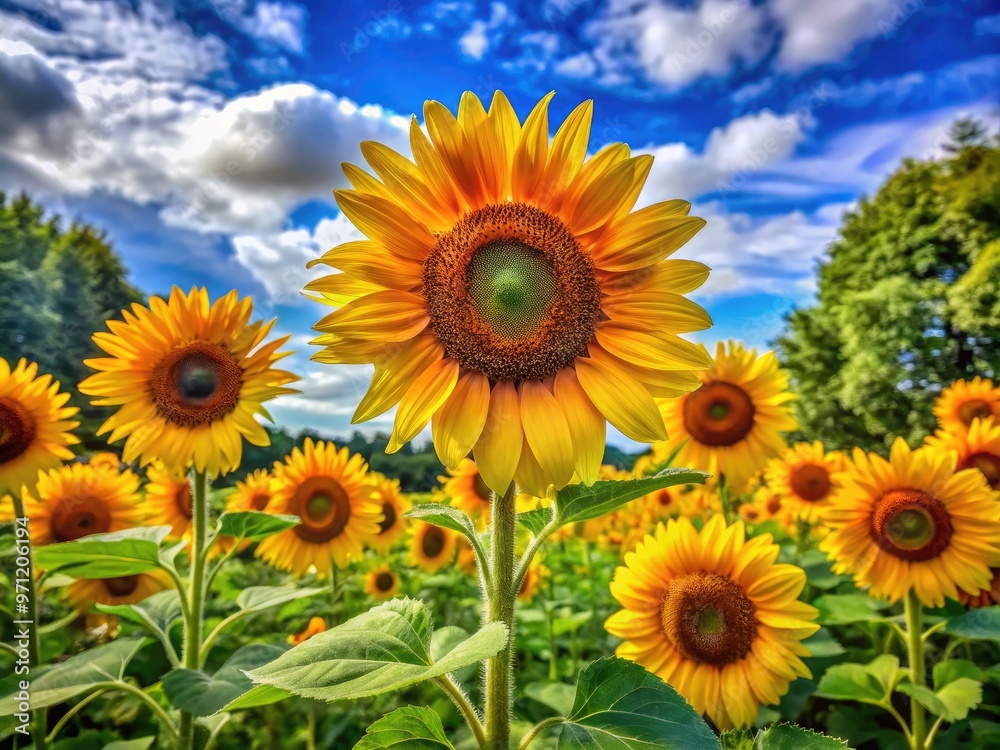 Vibrant sunflowers stretch towards a radiant blue sky, surrounded by lush greenery, evoking a sense of carefree joy and serenity on a sunny Friday morning. Vibrant sunflowers stretch towards a radiant blue sky, surrounded by lush greenery, evoking a sense of carefree joy and serenity on a sunny Friday morning.
