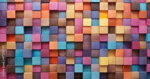 A vibrant arrangement of colorful wooden blocks creating a visually appealing textured pattern.