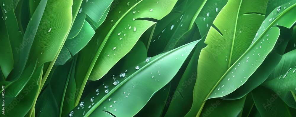 lush banana leaves with fresh water droplets, tropical flat design, front view, exotic nature, animation style, Triadic Color Scheme lush banana leaves with fresh water droplets, tropical flat design, front view, exotic nature, animation style, Triadic Color Scheme
