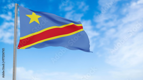 Congo Dr flag in the blue sky.Congo Dr 3d flag floating in the wind with a blue sky in the background