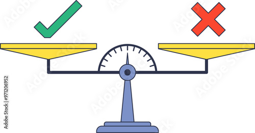 A balance scale with a check mark on one pan and a cross on the other, symbolizing decision making.