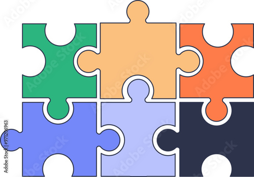 Four interlocking puzzle pieces in various colors symbolizing connection and teamwork.