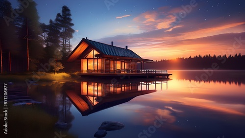 Rest during sunset on the shore of the reservoir. Wooden house in the evening twilight on the shore of the lake.