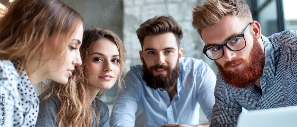 Fototapeta premium Diverse group of people negotiating in a formal office space, with laptops and documents, business discussion, team-based negotiation