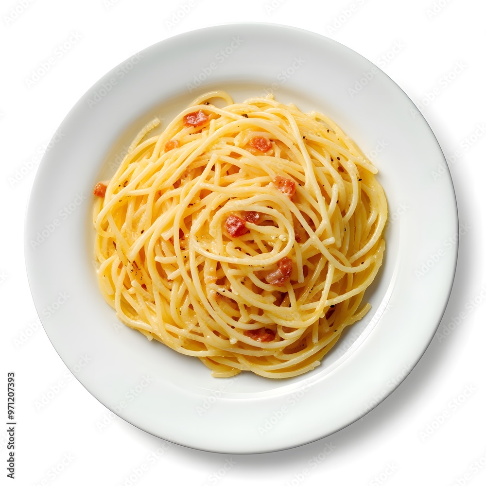 Delicious spaghetti carbonara on white plate garnished with bacon and cheese Delicious spaghetti carbonara on white plate garnished with bacon and cheese