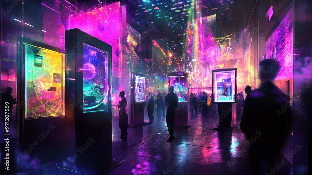 A vibrant art exhibition showcasing digital displays and interactive installations. A vibrant art exhibition showcasing digital displays and interactive installations.