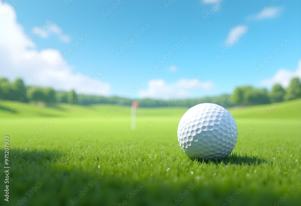 Fototapeta premium Golf Ball on Green Grass with Flag and Trees in the Background on a Sunny Day