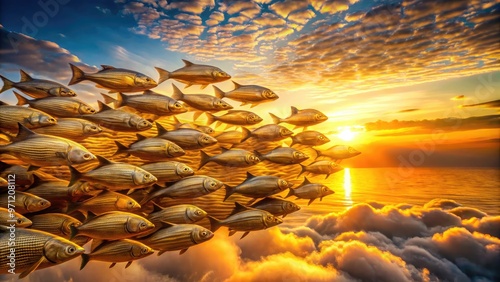 Vibrant sunset sky filled with metallic rods resembling school of fish, abstractly mimicking nature's symmetry, warm golden light casting long shadows on misty landscape. photo