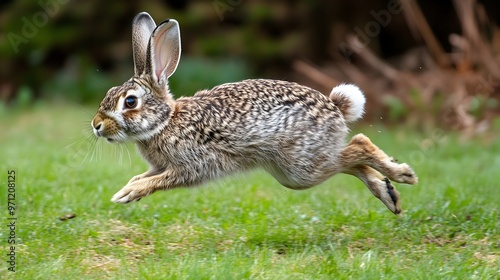 Speedy Rabbit Leaping Across Grassy Meadow in Natural Environment