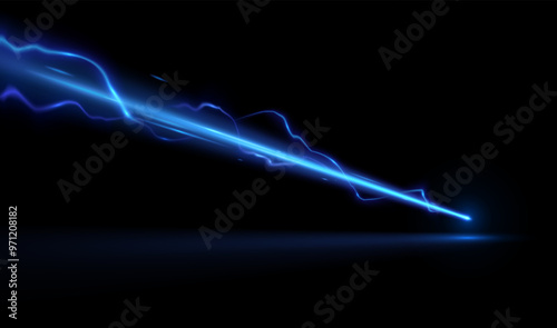 Blue light ray with lightnings on black background