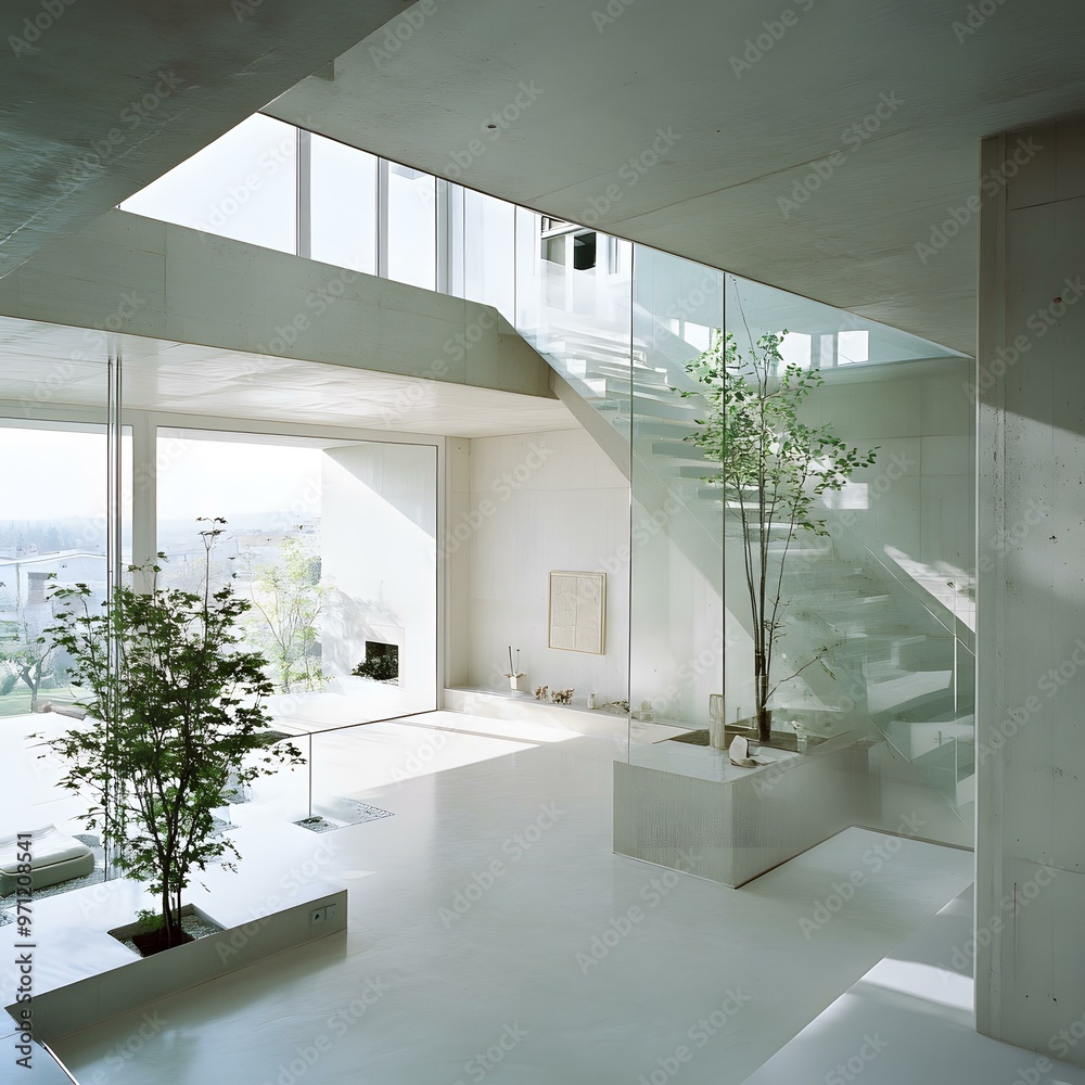Fototapeta premium Modern Minimalist House Interior With Glass Staircase And Concrete Walls