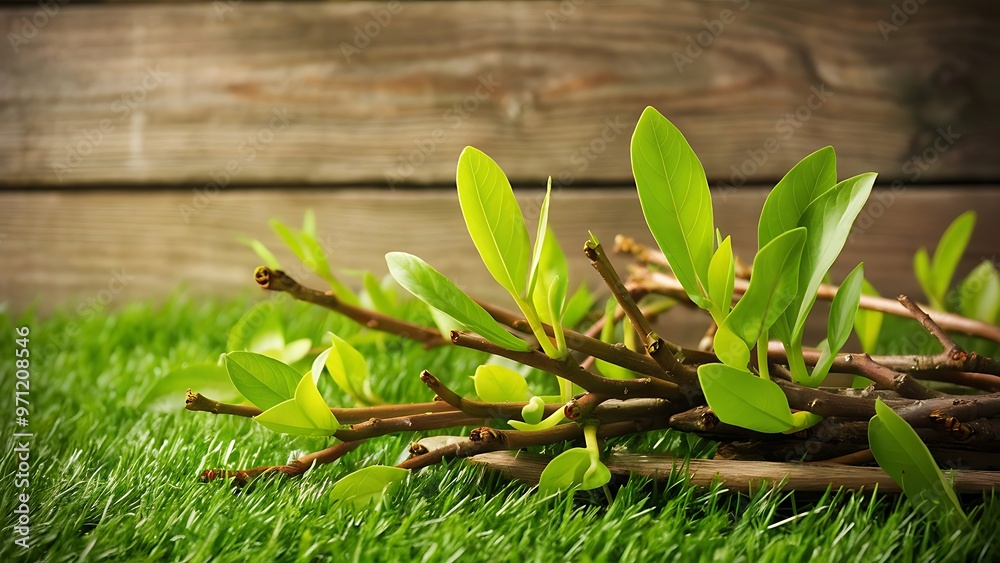 Obraz premium Green leaves on twigs, sward and wooden planks background