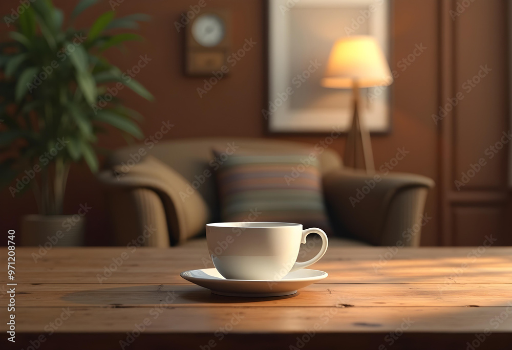 White Coffee Cup on Wooden Table in Cozy Living Room with Armchair White Coffee Cup on Wooden Table in Cozy Living Room with Armchair
