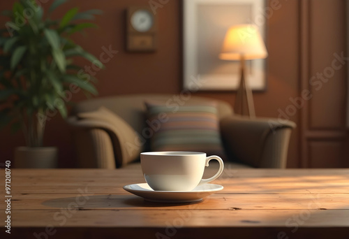 White Coffee Cup on Wooden Table in Cozy Living Room with Armchair