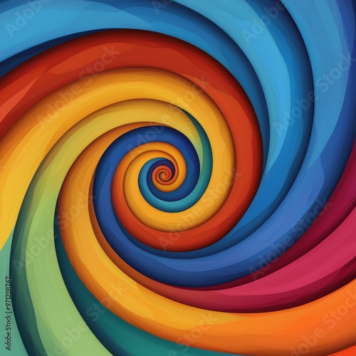 Create a hypnotic spiral using grainy gradients that shift from bold, saturated colors to more muted, shadowed edges