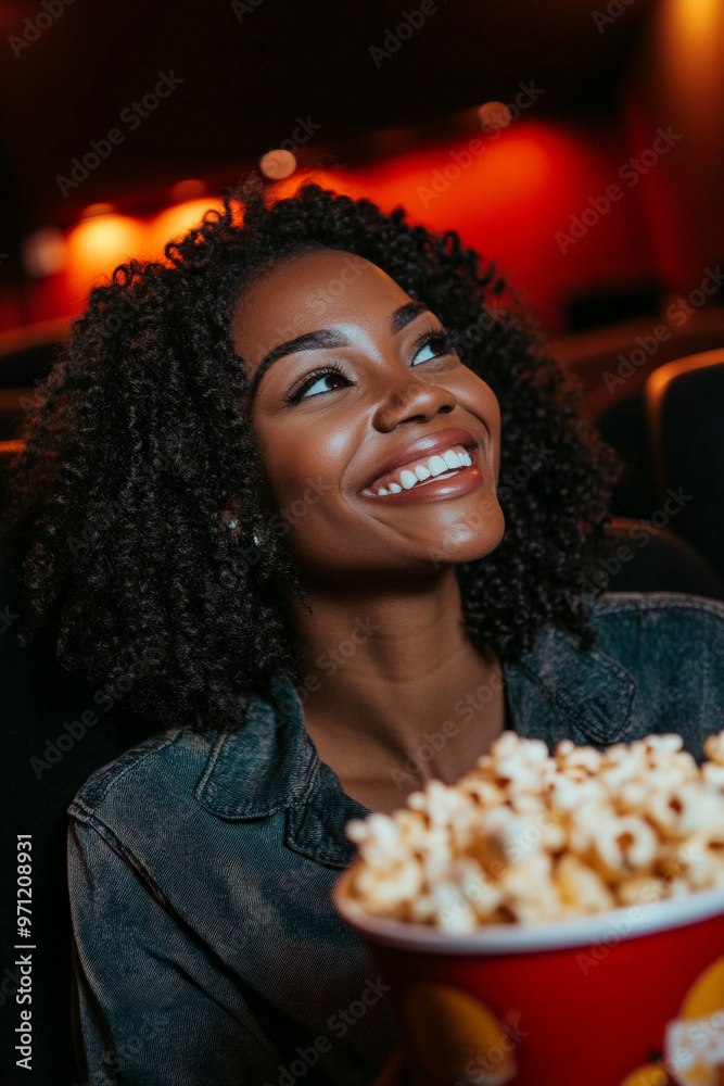 A Black woman, comfortably seated in a cinema, her face lit with a big smile as she enjoys a comedy movie and a tub of popcorn. The soft lighting creates a relaxed, enjoyable atmosphere. A Black woman, comfortably seated in a cinema, her face lit with a big smile as she enjoys a comedy movie and a tub of popcorn. The soft lighting creates a relaxed, enjoyable atmosphere.