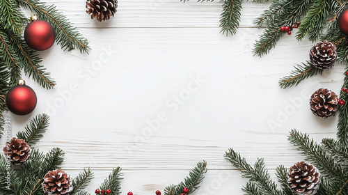white wooden background with pine branches, Christmas ornaments