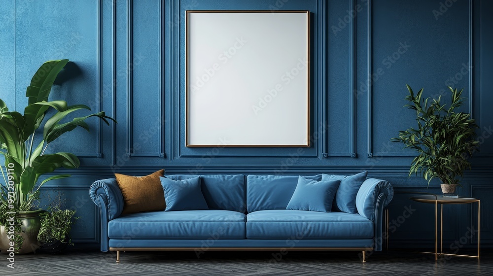Obraz premium Luxurious Blue Living Room Interior with Mockup Poster Space