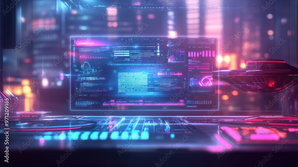 Futuristic interface with glowing screens and holographic elements. Futuristic interface with glowing screens and holographic elements.