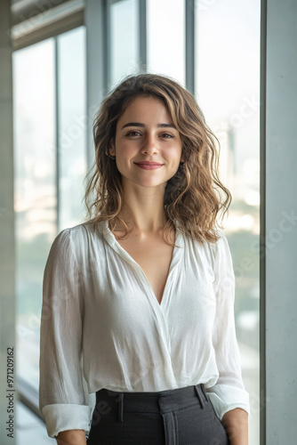 A Brazilian businesswoman, young and successful, standing in a contemporary corporate office, looking at the camera with a composed and professional expression. The office has large windows that offer