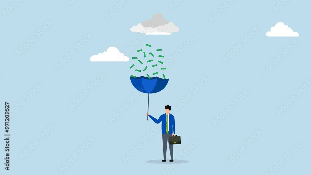 Make money idea, 4k animation of Wealthy entrepreneur is using an umbrella to gather money raining down from an investment storm. Make money idea, 4k animation of Wealthy entrepreneur is using an umbrella to gather money raining down from an investment storm.