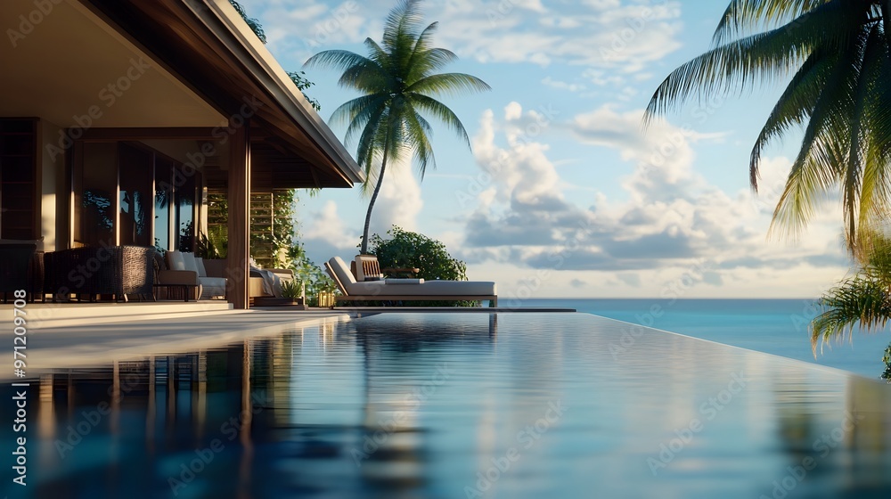 Fototapeta premium Luxurious Waterfront Villa with Infinity Pool and Breathtaking Ocean Views