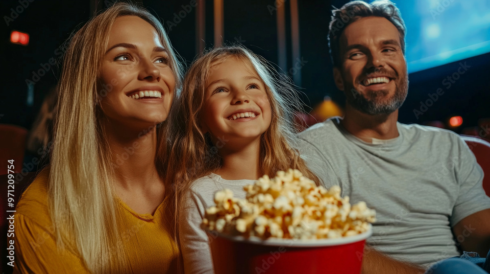 A Caucasian family, with the mother and father sitting close to their daughter, all smiling and engaged in the movie on the big screen in a cinema. The daughter has a large bucket of popcorn. A Caucasian family, with the mother and father sitting close to their daughter, all smiling and engaged in the movie on the big screen in a cinema. The daughter has a large bucket of popcorn.