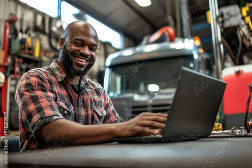 A cheerful African American mechanic, with a wide smile, uses a laptop to check repair data while working on a truck in a well-organized workshop. The background includes a variety of tools, parts,