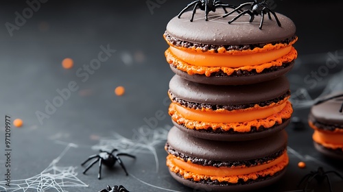 Spooky Halloween Macaron Tower with Spider and Cobweb Decorations on Dark Background | High-Resolution Photography photo