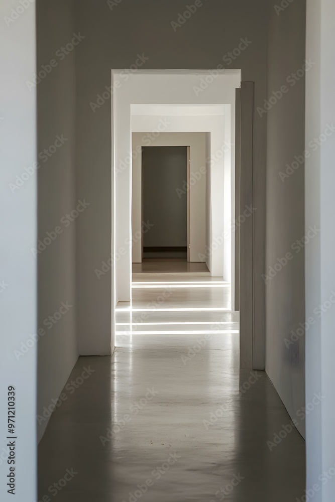 Fototapeta premium Sunlight Through White Doors in a Minimalist Hallway