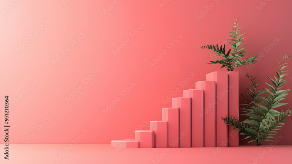 A modern and minimalistic representation of business growth, featuring coral colored staircase with lush green plants. This image symbolizes progress and potential in vibrant setting A modern and minimalistic representation of business growth, featuring coral colored staircase with lush green plants. This image symbolizes progress and potential in vibrant setting