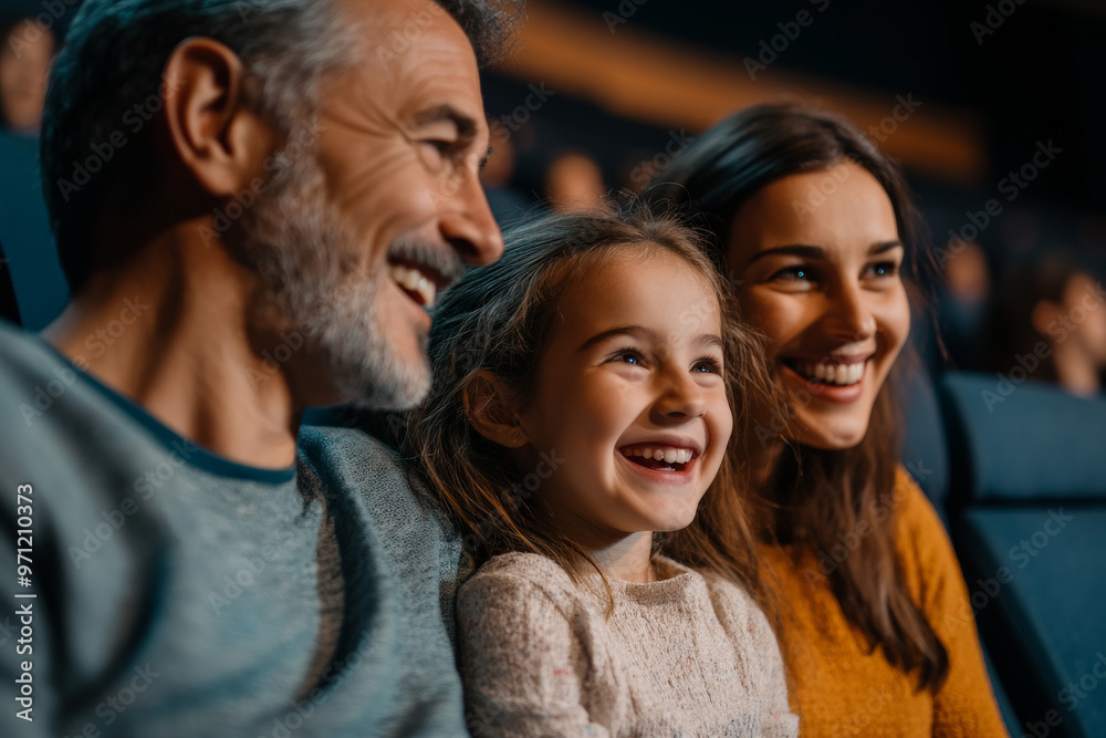 A cheerful family of three, with the parents and their daughter, are deeply engaged in a movie at the cinema. The daughter, sitting between her parents, is laughing, with the parents exchanging amused A cheerful family of three, with the parents and their daughter, are deeply engaged in a movie at the cinema. The daughter, sitting between her parents, is laughing, with the parents exchanging amused