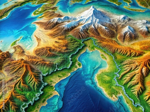 Vibrant topographical map of the Indian Himalayas, featuring majestic mountain ranges, serene lakes, and meandering rivers, set against a stunning blue and green terrain. photo