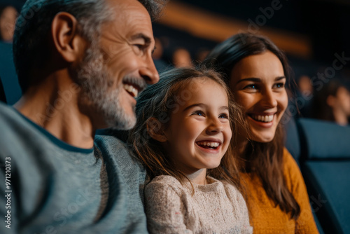 A cheerful family of three, with the parents and their daughter, are deeply engaged in a movie at the cinema. The daughter, sitting between her parents, is laughing, with the parents exchanging amused