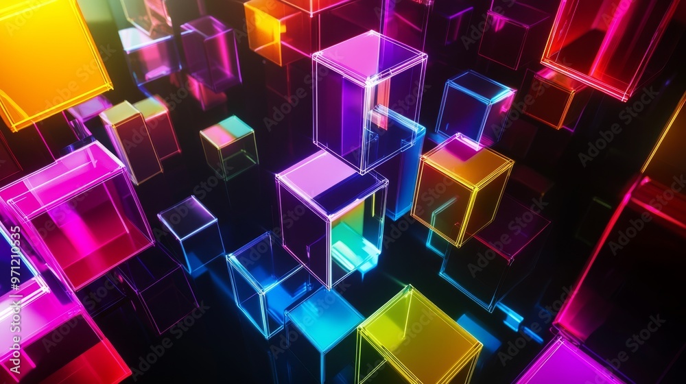 Multi-colored geometric prisms and cubes with neon highlights arranged in a black void Multi-colored geometric prisms and cubes with neon highlights arranged in a black void